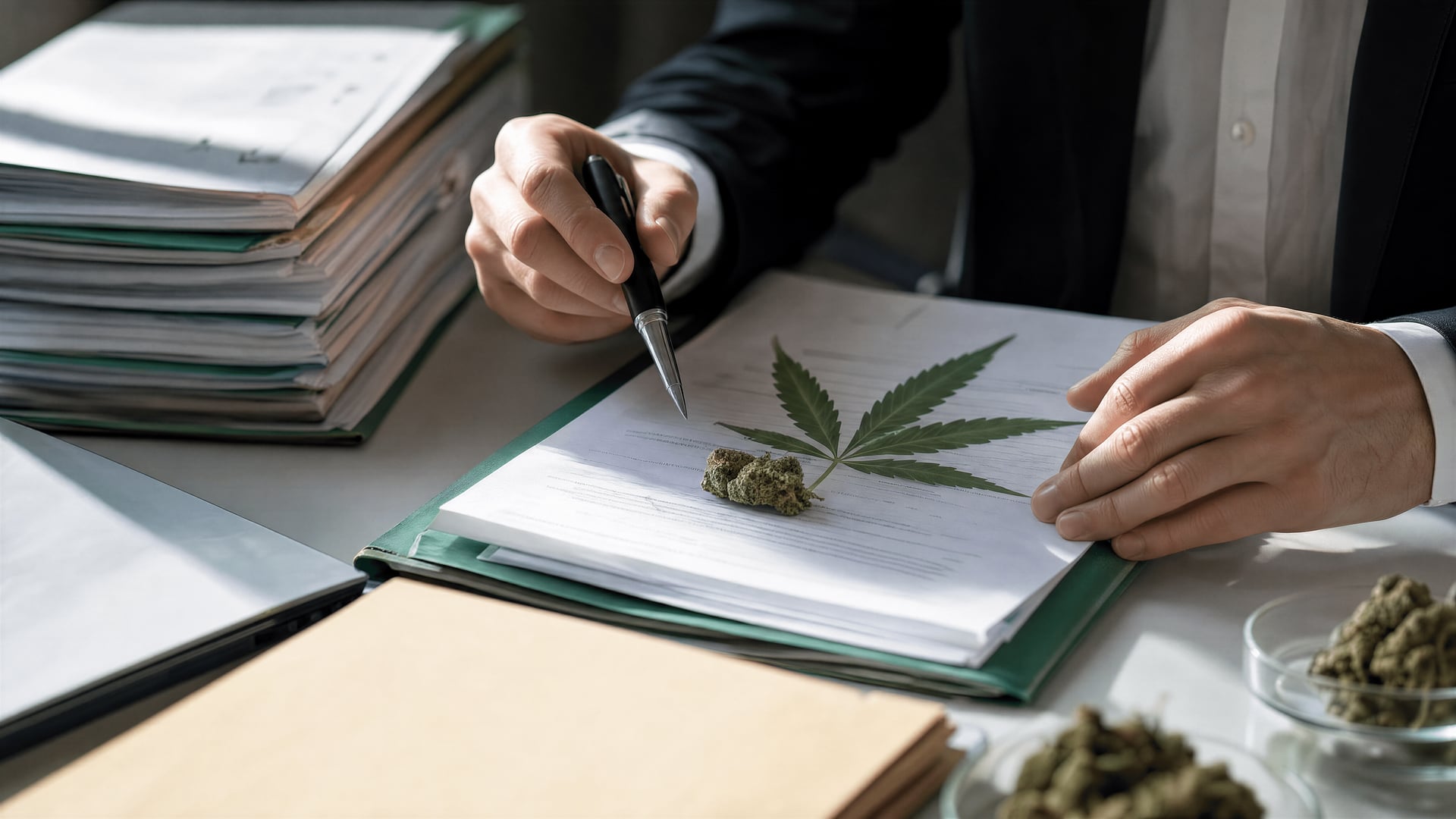 German BLE office desk with cannabis research files and application folders