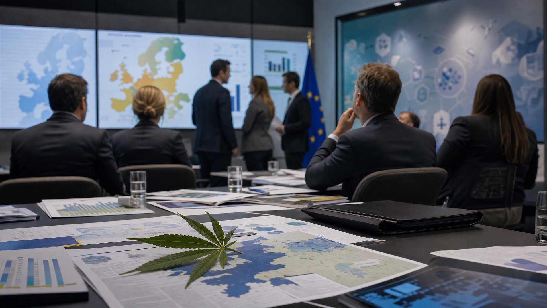 Abstract editorial scene of a European briefing room with maps, report pages and regulatory motifs.