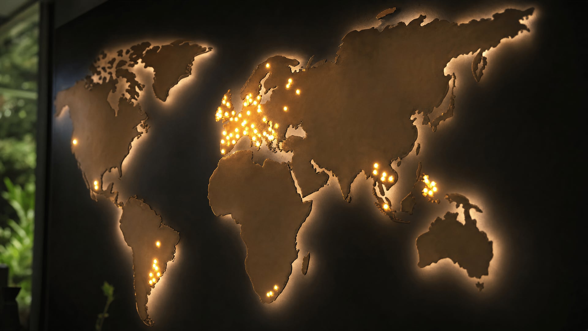 A large illuminated world map on a wall covered with clustered location pins across Europe, South America, Africa and Asia.