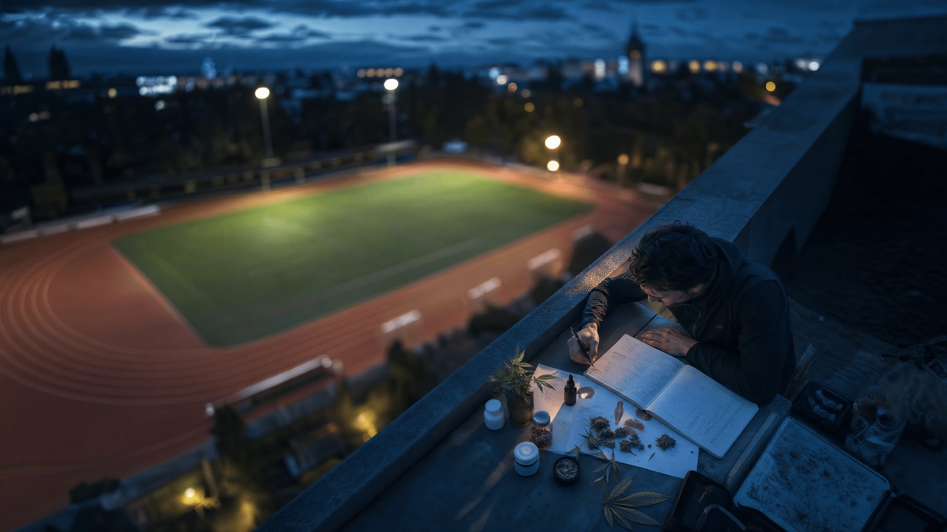 Sports medicine desk with CBD study notes and a runner's training log