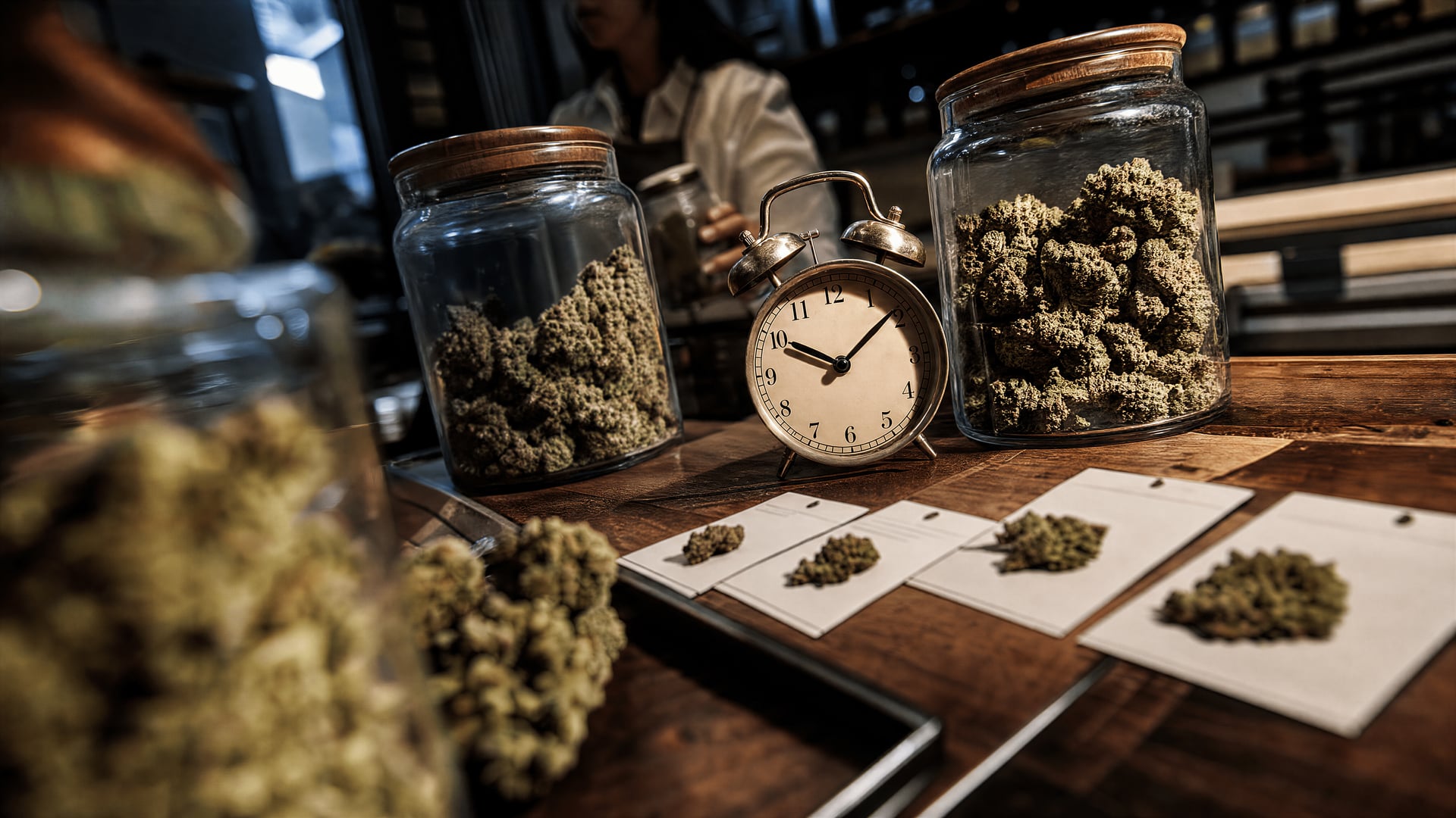 Cannabis flower jars, strain cards and an alarm clock on a dispensary counter