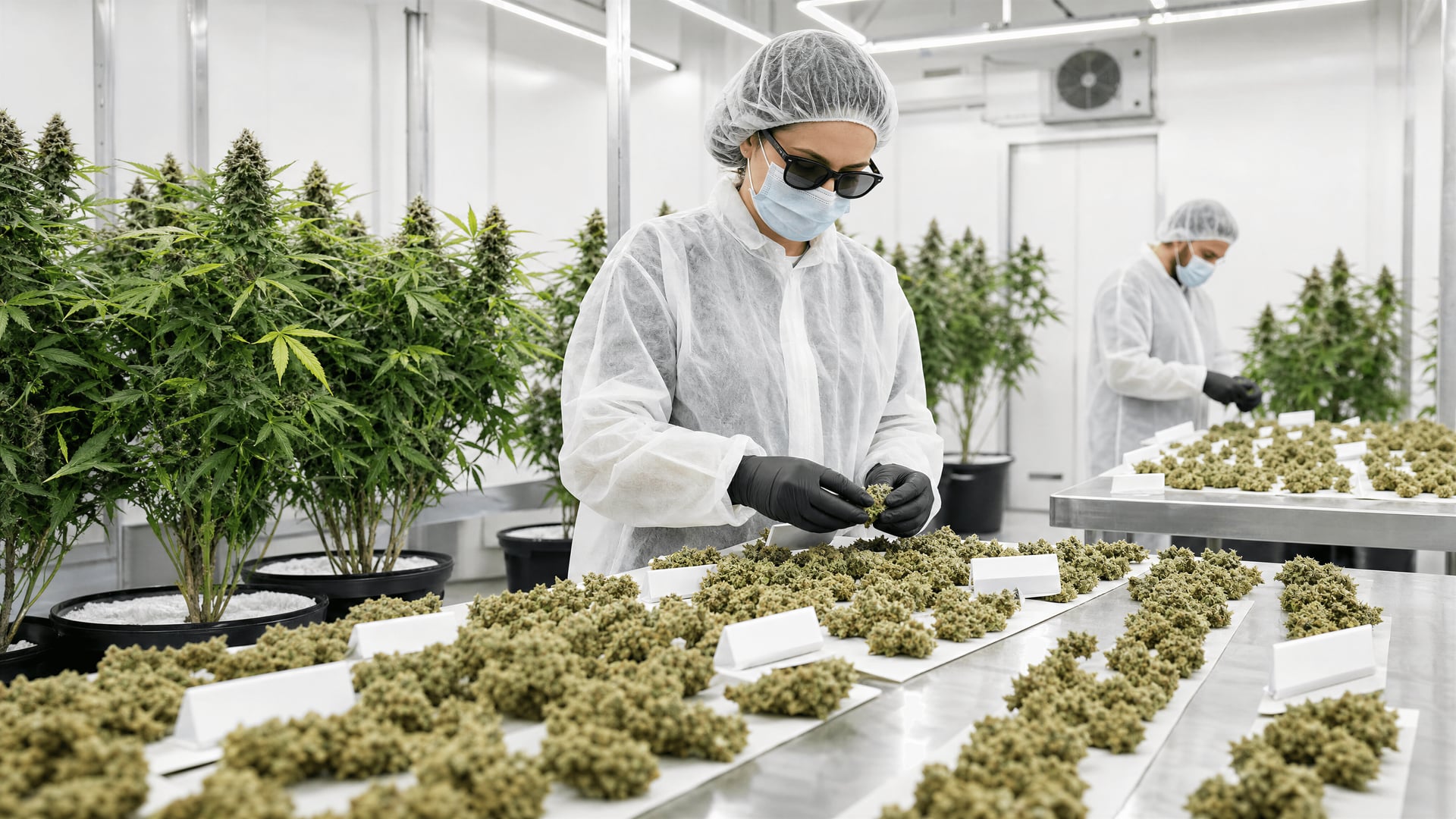 Indoor medical cannabis cultivation room in an EU-licensed facility with labelled batches and stainless tables