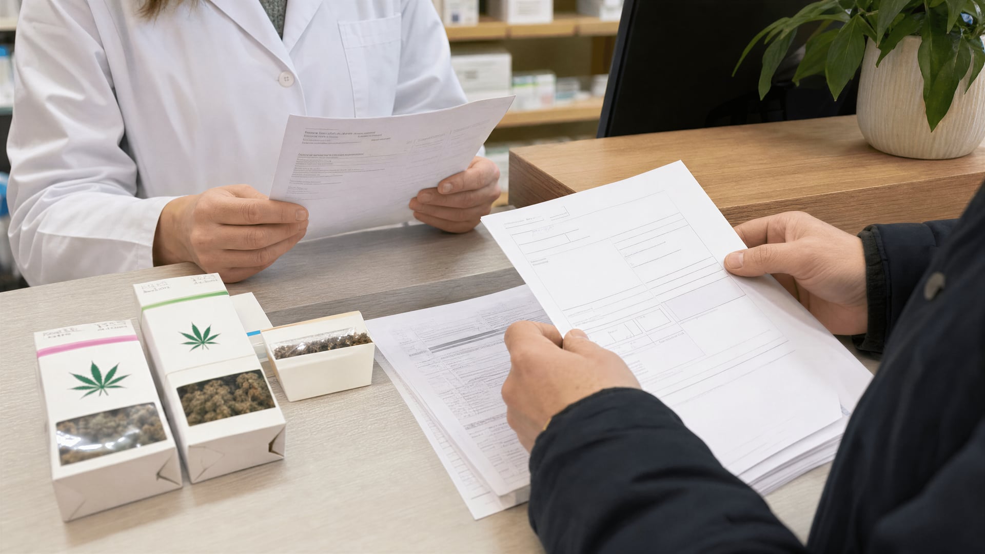 Clinic pharmacy counter in the European Union with cannabis prescription forms and reimbursement paperwork