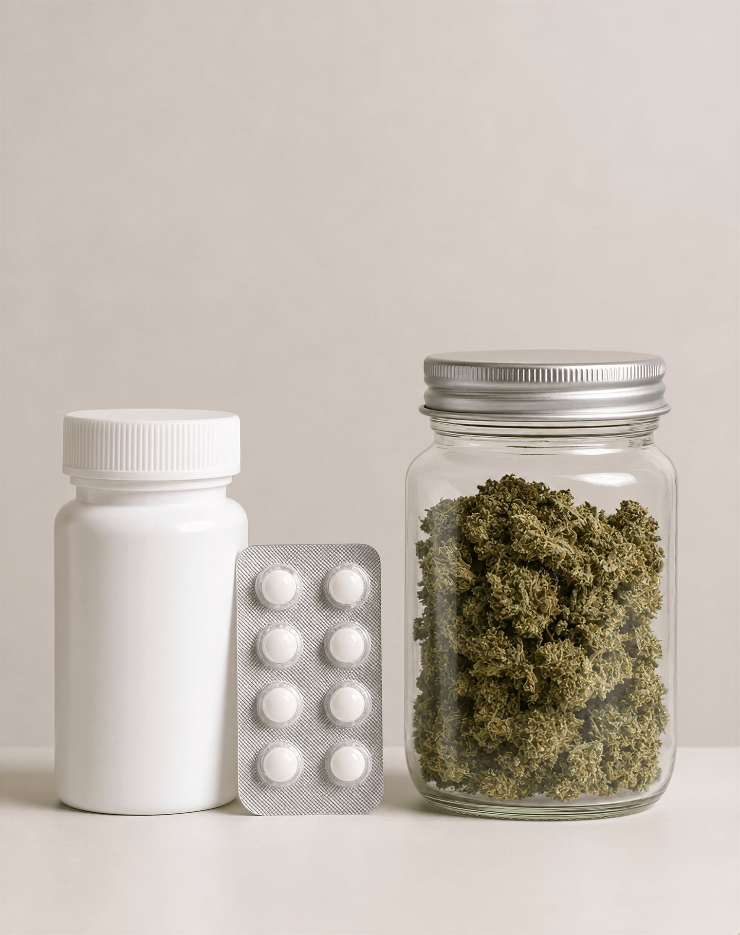 Bottle and blister pack of cannabinoid medicine next to a sealed jar of dried cannabis flower.