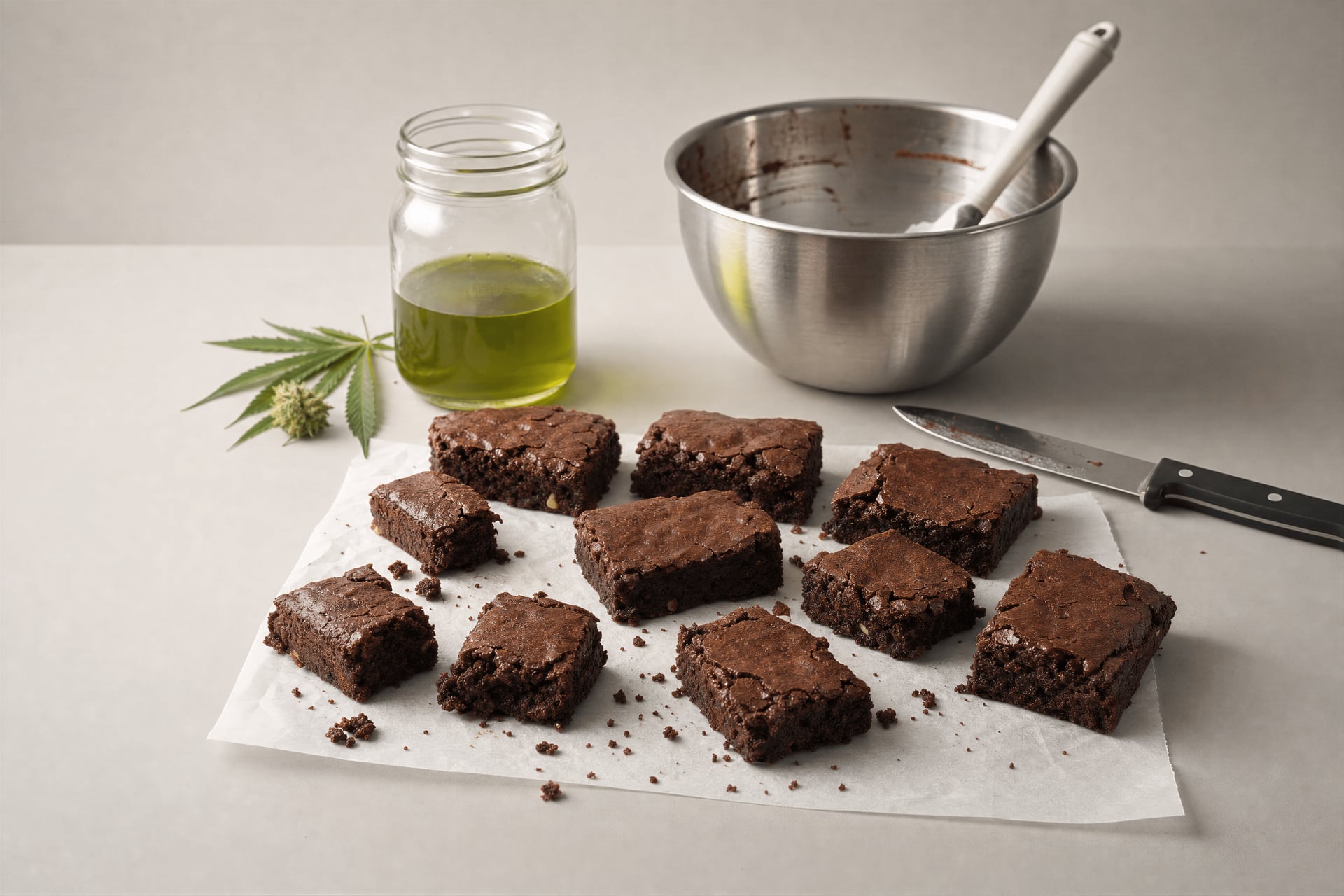 Uneven homemade cannabis brownies next to a jar of infused oil and kitchen tools.