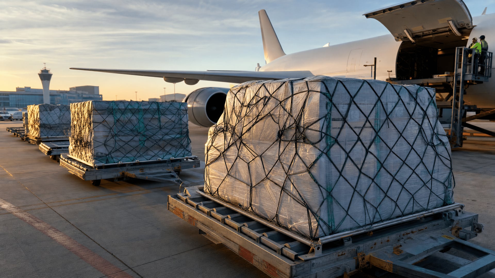 Medical cannabis cargo pallets at a European Union air-freight terminal awaiting transfer to Germany